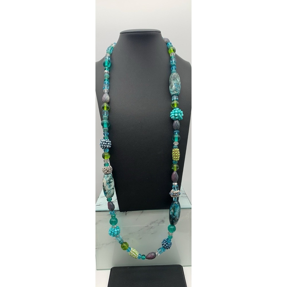 Chicos Chunky Beautiful Blues & Greens Beaded Necklace 32-35 Inches